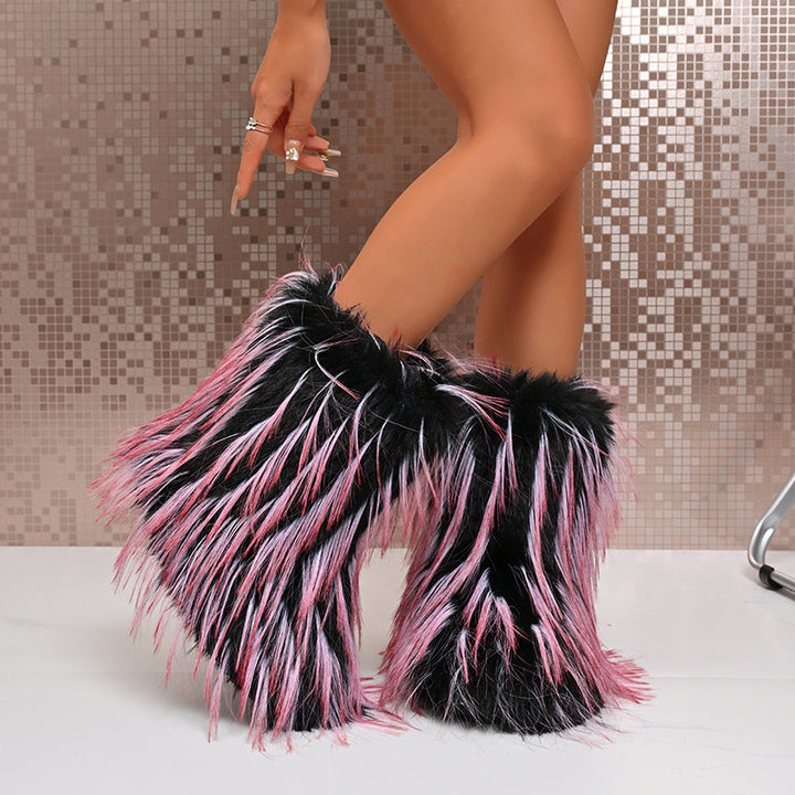 pink Pink and black fluffy short snow boots