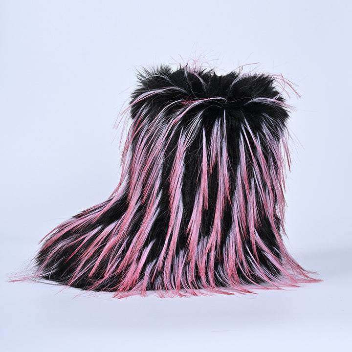 pink Pink and black fluffy short snow boots