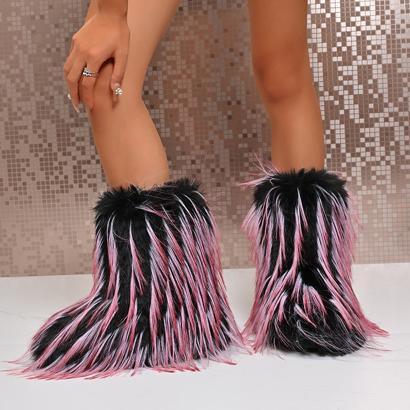 pink Pink and black fluffy short snow boots