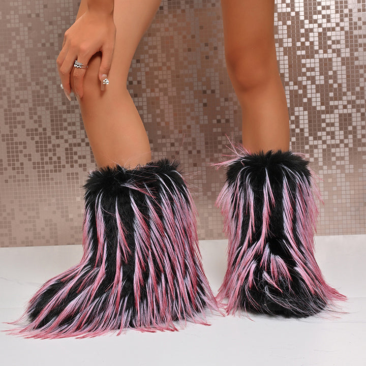 pink Pink and black fluffy short snow boots