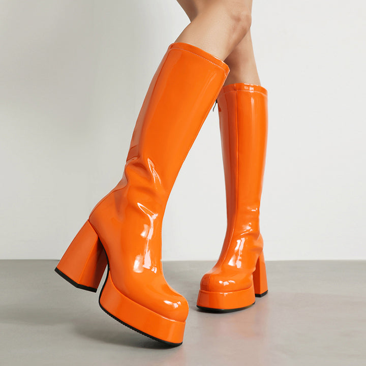 orange Retro chunky heels go go boots with side zipper