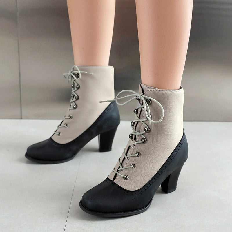 Retro elegant patchwork chunky heels boots