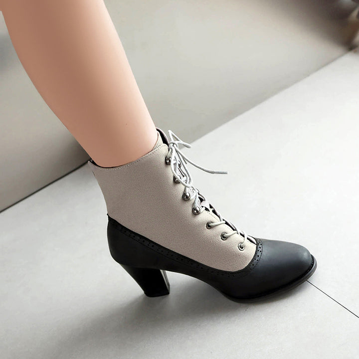 Retro elegant patchwork chunky heels boots