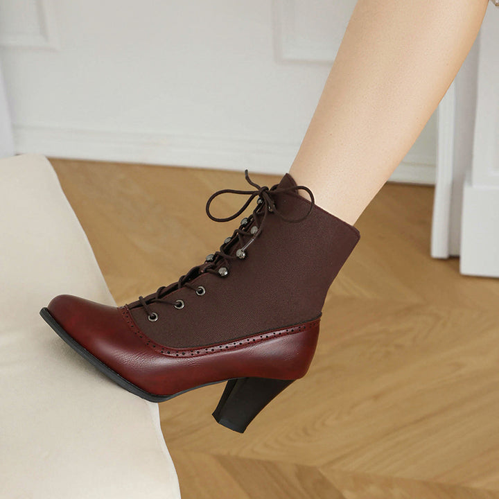 Retro elegant patchwork chunky heels boots