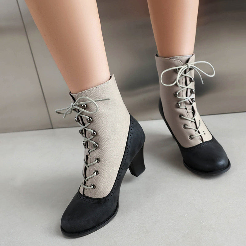 Retro elegant patchwork chunky heels boots