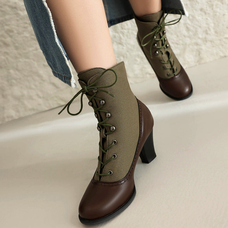 Retro elegant patchwork chunky heels boots