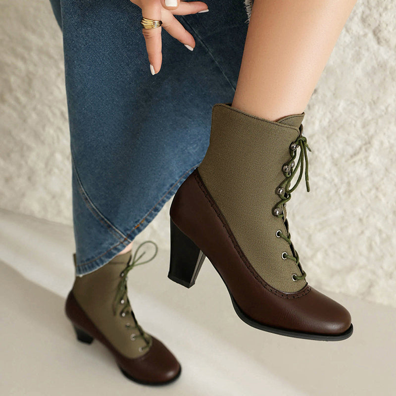 Retro elegant patchwork chunky heels boots