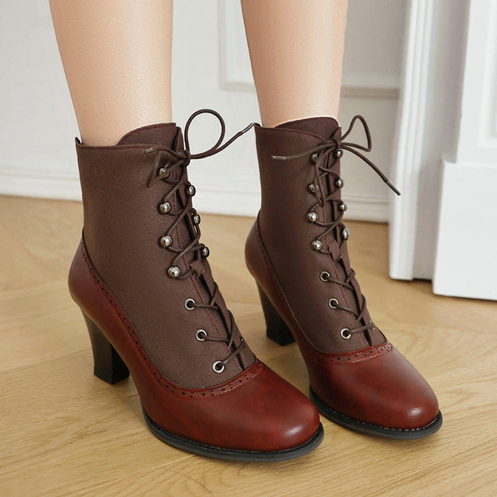 Retro elegant patchwork chunky heels boots