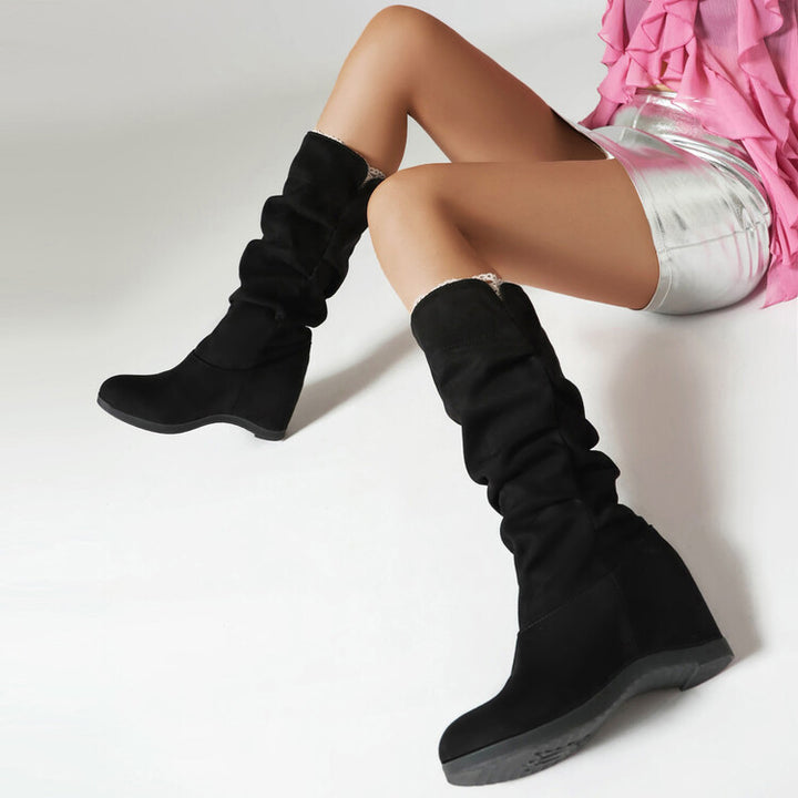 Retro lace calf wedge heels slouchy boots under the knee