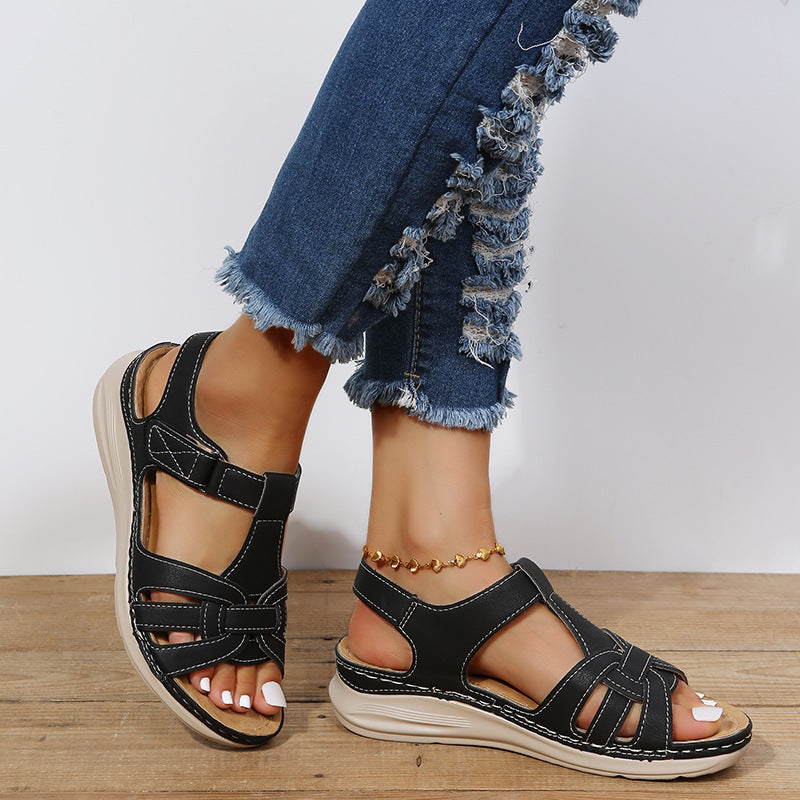 Retro lightweight ankle strap wedge sandals with arch support