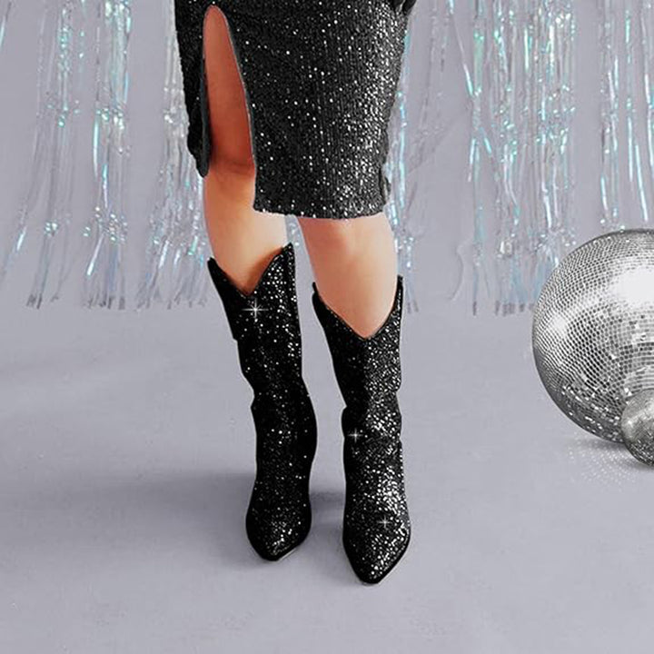 black Rhinestone Mid Calf Cowboy Boots