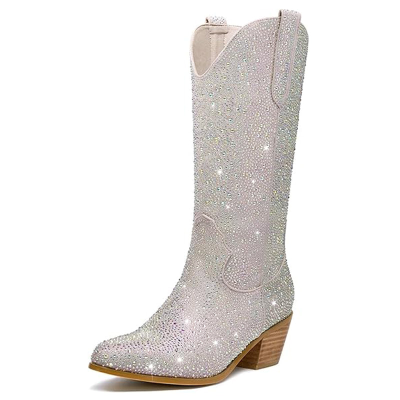 silver Rhinestone Mid Calf Cowboy Boots