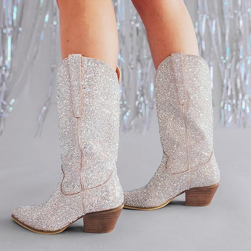 Rhinestone Mid Calf Cowboy Boots