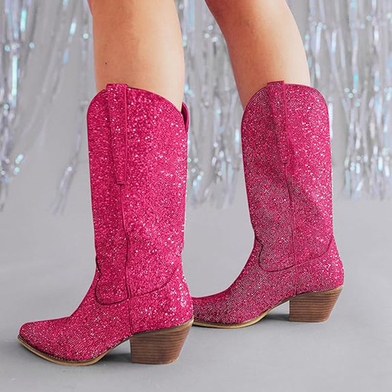 Rhinestone Mid Calf Cowboy Boots