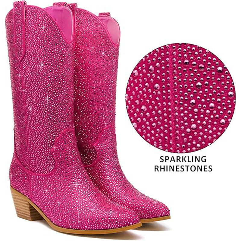 fuchsia Rhinestone Mid Calf Cowboy Boots