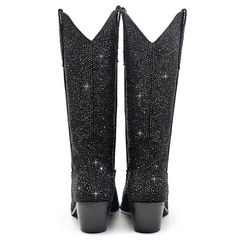 black Rhinestone Mid Calf Cowboy Boots