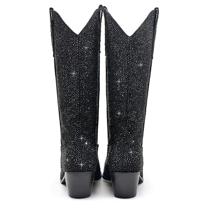 black Rhinestone Mid Calf Cowboy Boots