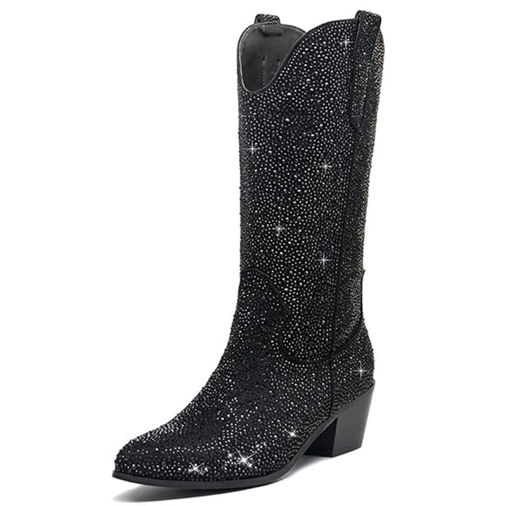 black Rhinestone Mid Calf Cowboy Boots