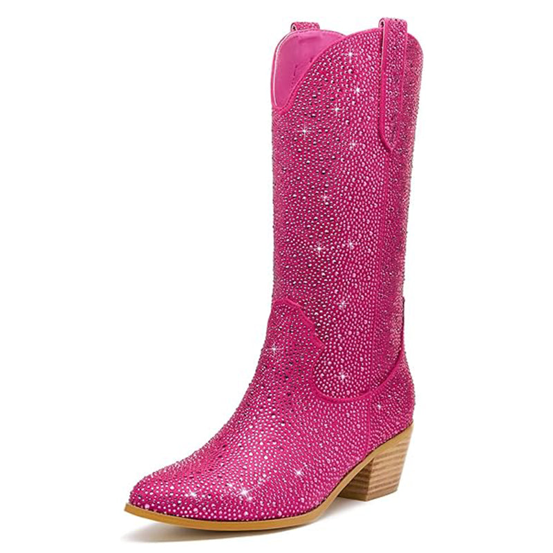 fuchsia Rhinestone Mid Calf Cowboy Boots