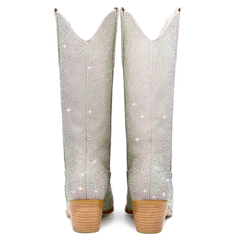 silver Rhinestone Mid Calf Cowboy Boots