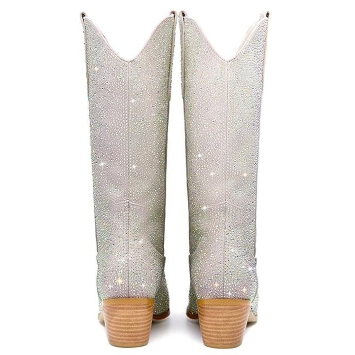 silver Rhinestone Mid Calf Cowboy Boots