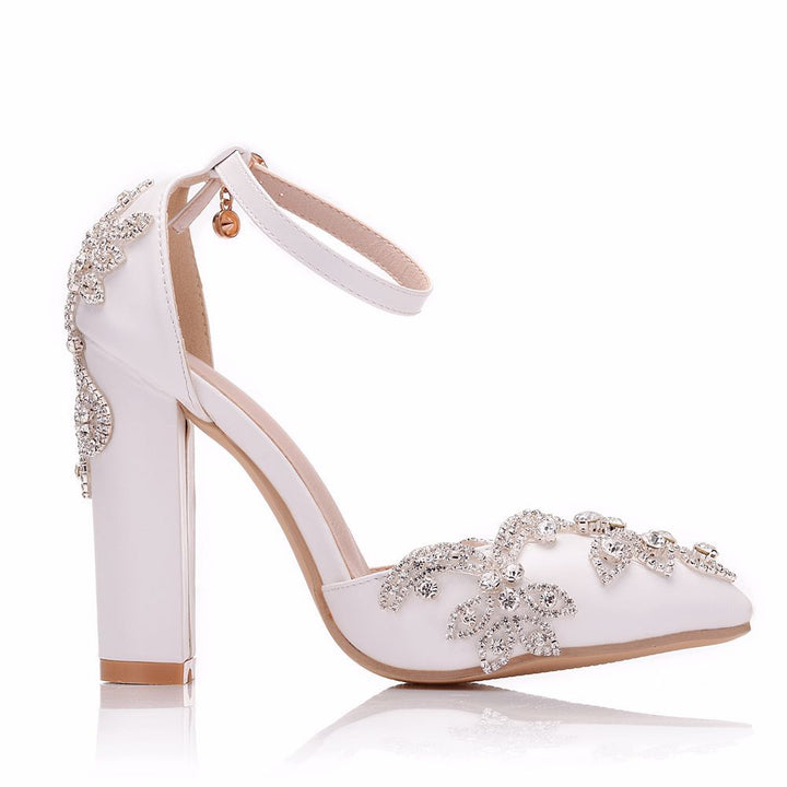 Rhinestone white beads ankle strap pointed toe wedding heels