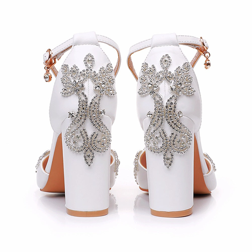 Rhinestone white beads ankle strap pointed toe wedding heels