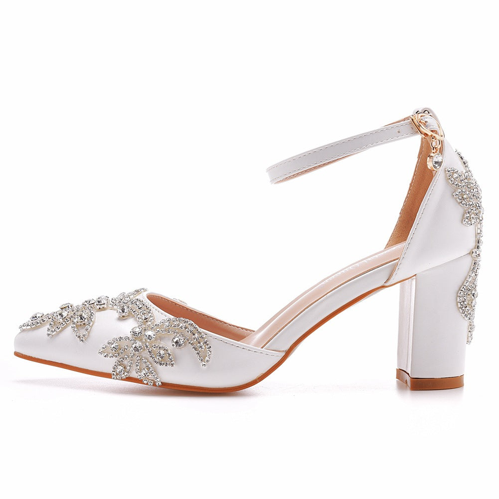 Rhinestone white beads ankle strap pointed toe wedding heels