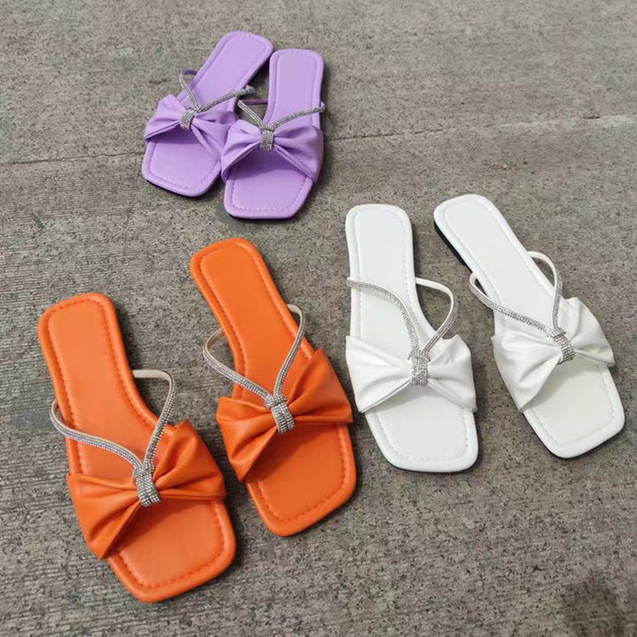 Rhinestone bowknot slide sandals beach square peep toe flat sandals