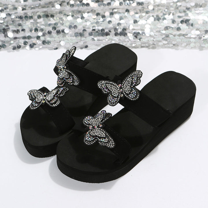 Rhinestone butterfly platoform sandals 2 strap slide wedge sandals