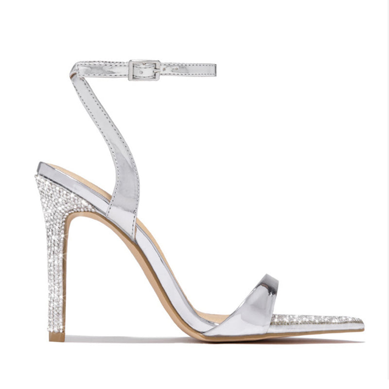 Rhinestone pointed peep toe heel sandals hollow ankle strap sandals