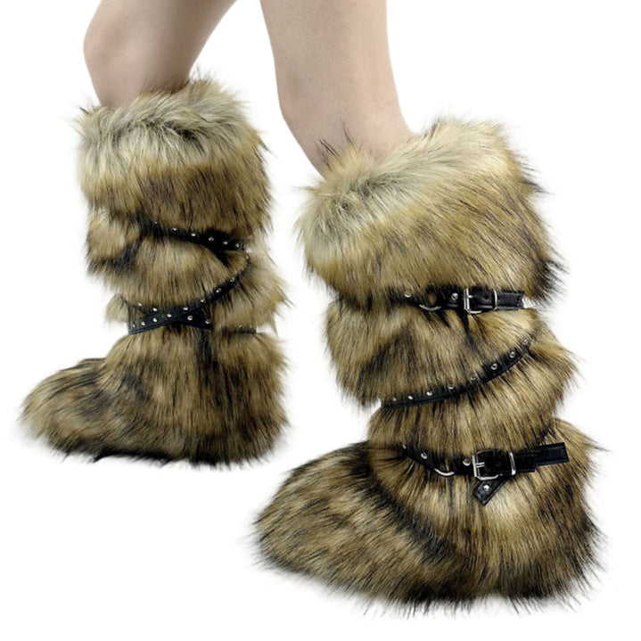 Rivets cross belt buckle knee high snow boots