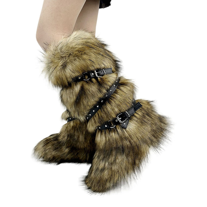 brown Rivets cross belt buckle knee high snow boots