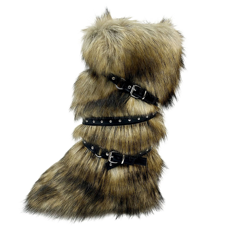 brown Rivets cross belt buckle knee high snow boots