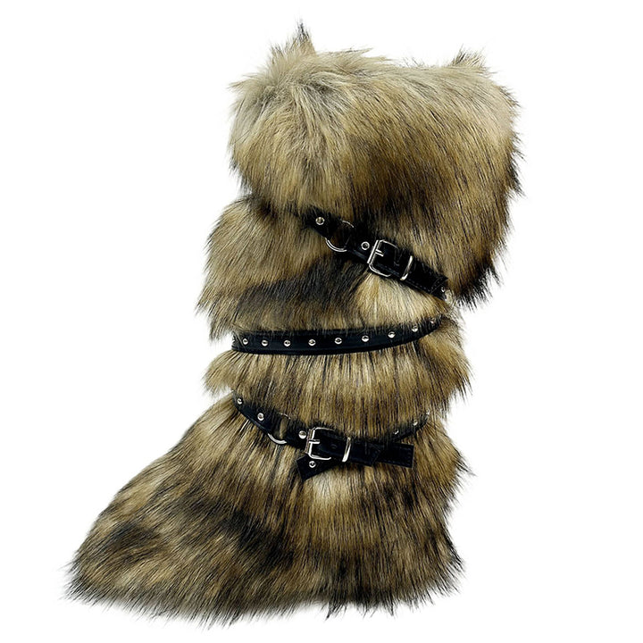 brown Rivets cross belt buckle knee high snow boots