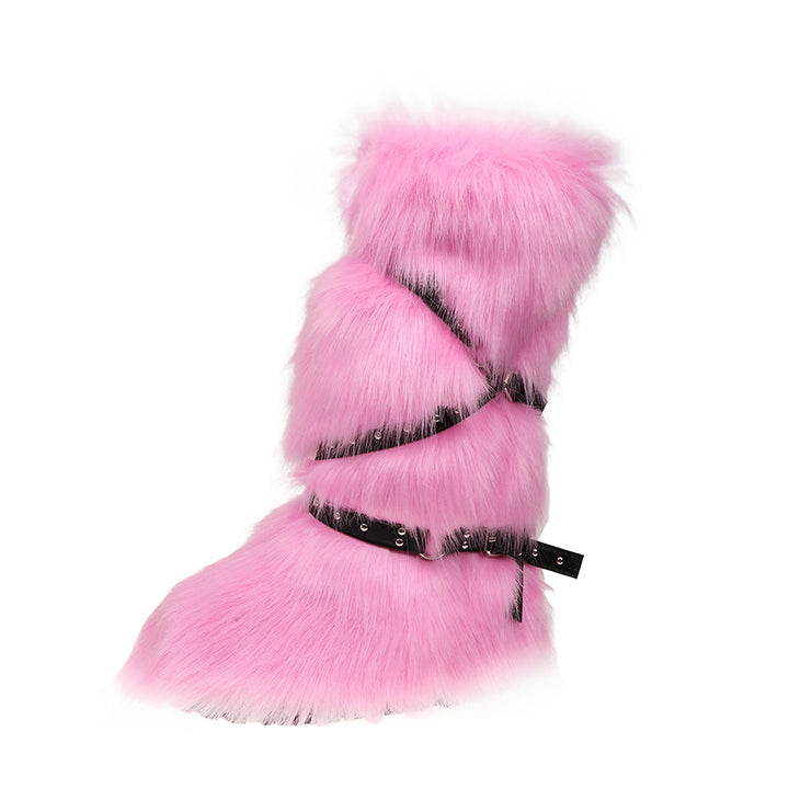 pink Rivets cross belt buckle knee high snow boots