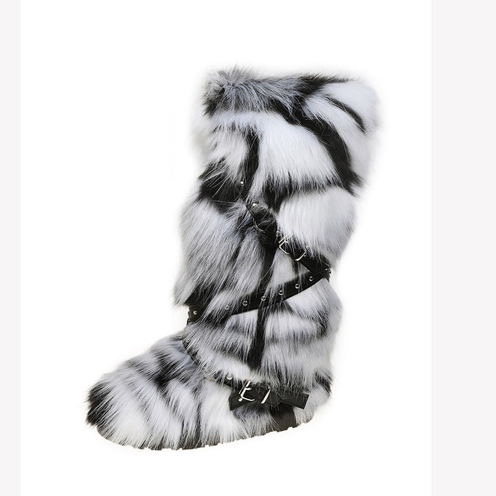 black-white Rivets cross belt buckle knee high snow boots