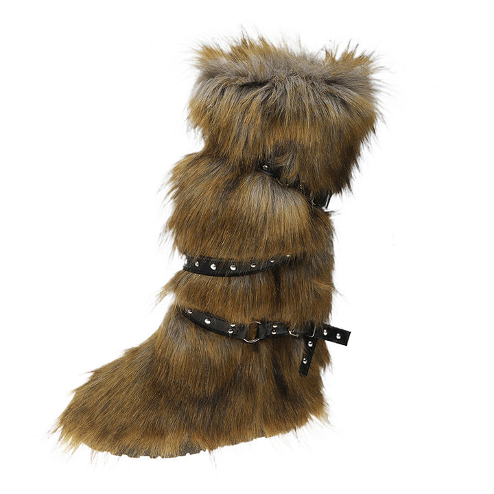 khaki Rivets cross belt buckle knee high snow boots