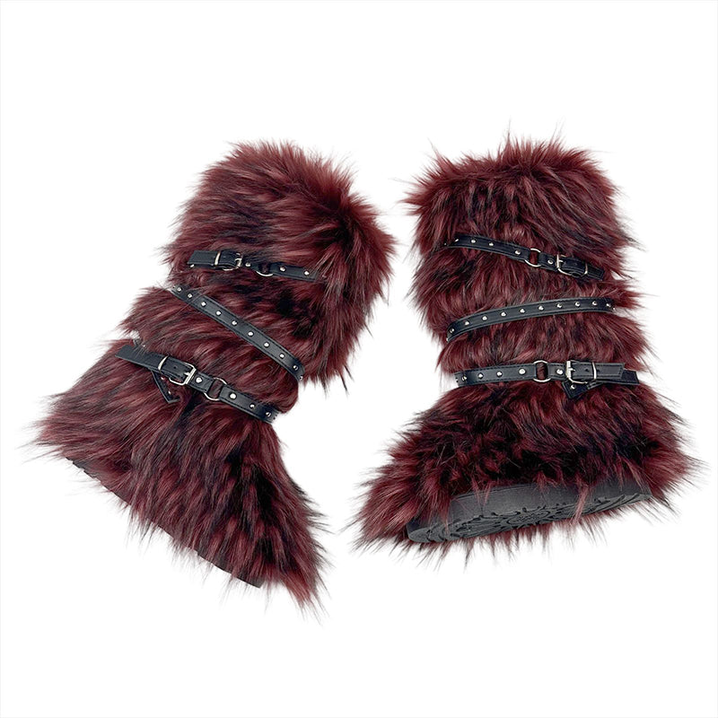 burgundy Rivets cross belt buckle knee high snow boots