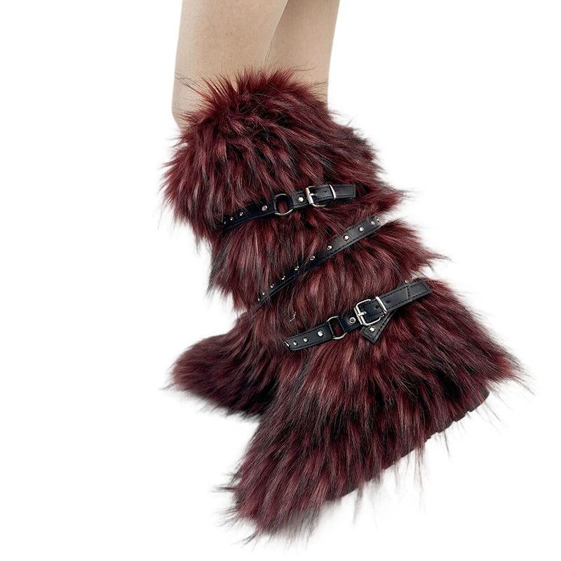 burgundy Rivets cross belt buckle knee high snow boots