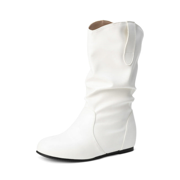 Ruched wide calf mid calf boots with hidden wedge heels