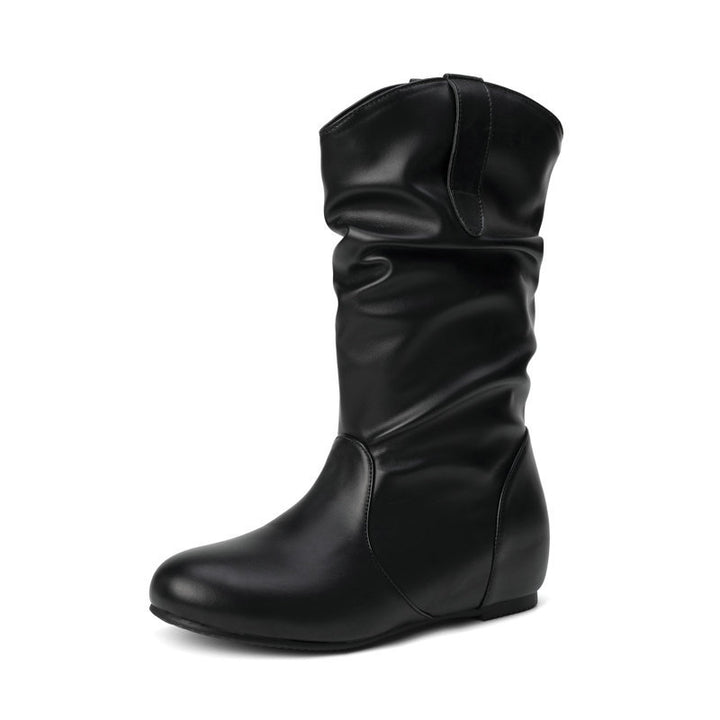 Ruched wide calf mid calf boots with hidden wedge heels