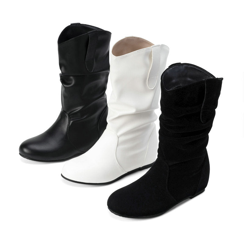 Ruched wide calf mid calf boots with hidden wedge heels