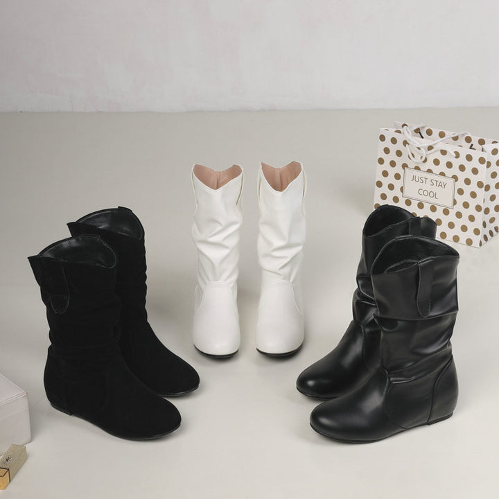 Ruched wide calf mid calf boots with hidden wedge heels