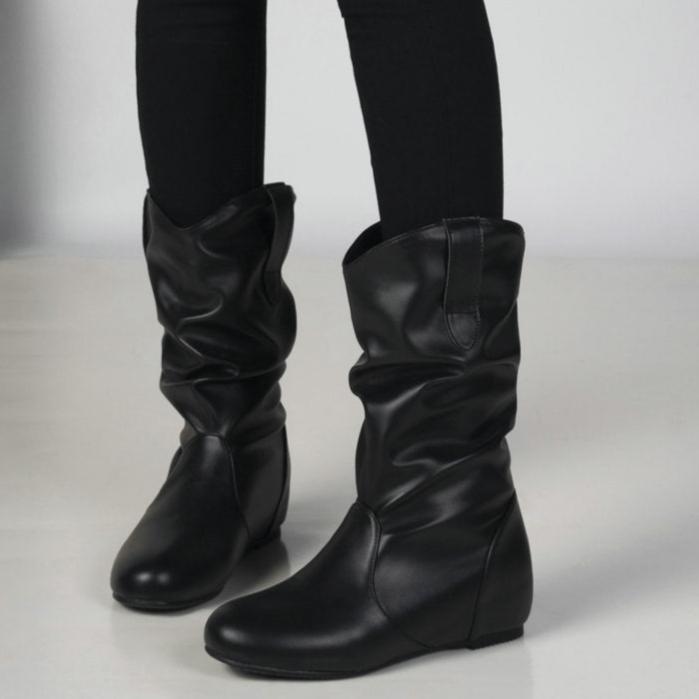 Ruched wide calf mid calf boots with hidden wedge heels