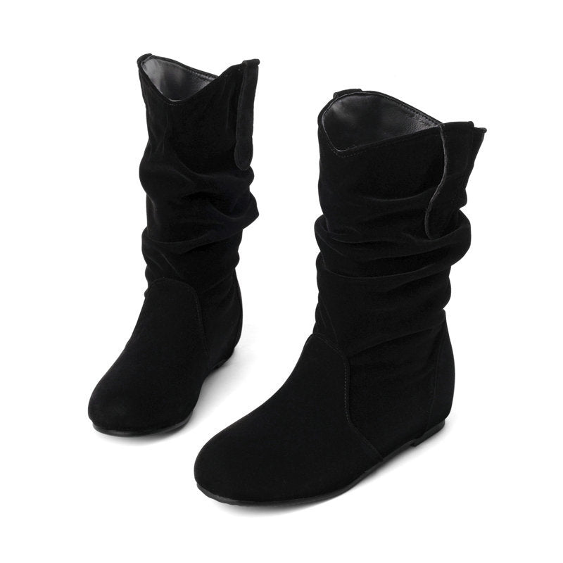 Ruched wide calf mid calf boots with hidden wedge heels