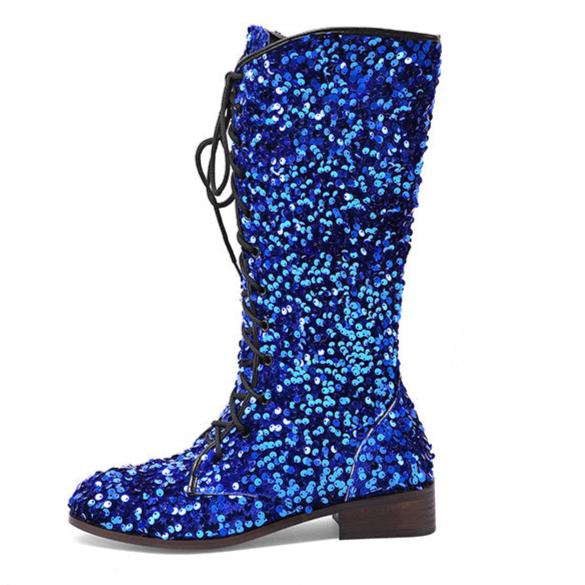 Sequins glitter lace-up boots under the knee