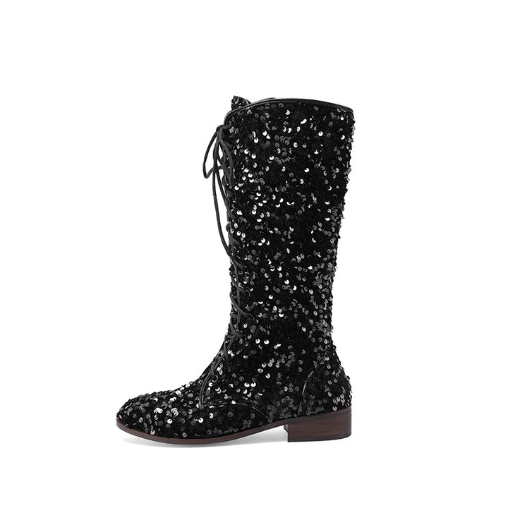 Sequins glitter lace-up boots under the knee