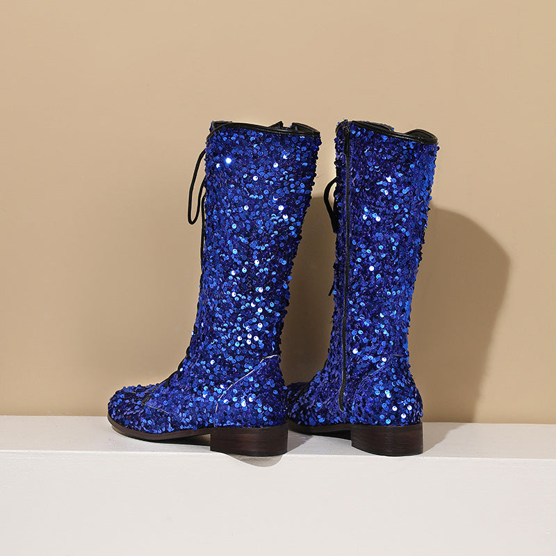 Sequins glitter lace-up boots under the knee