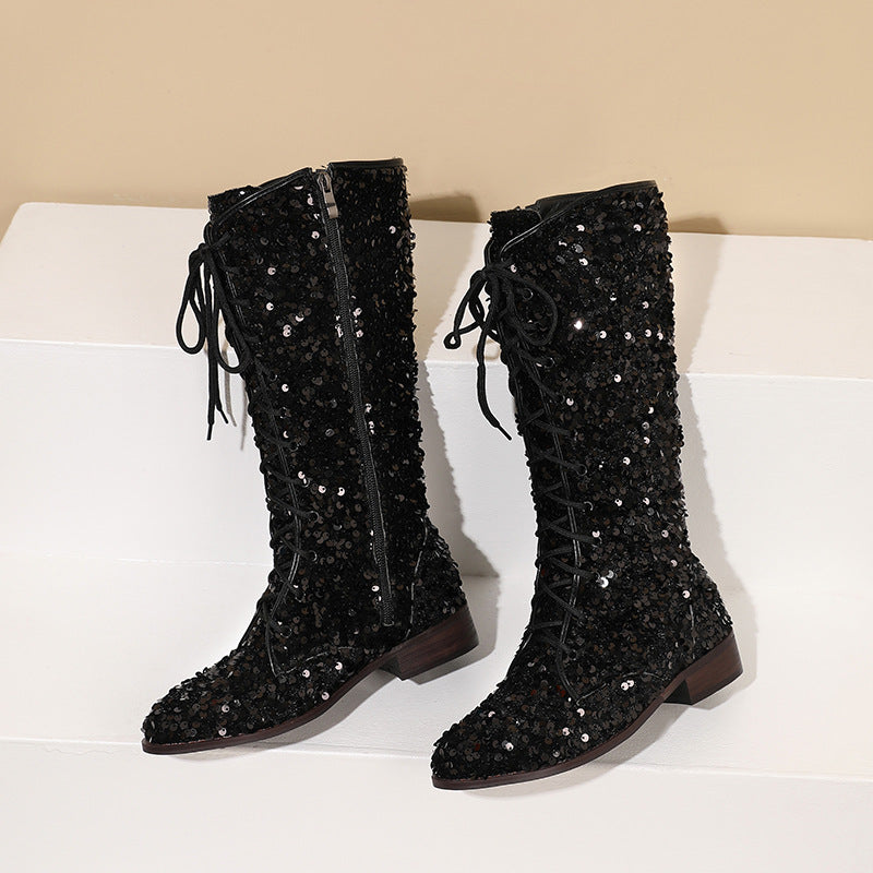 Sequins glitter lace-up boots under the knee